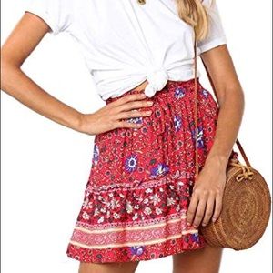 Doballa Floral  Ruffle Flared Skater Mini Skirt